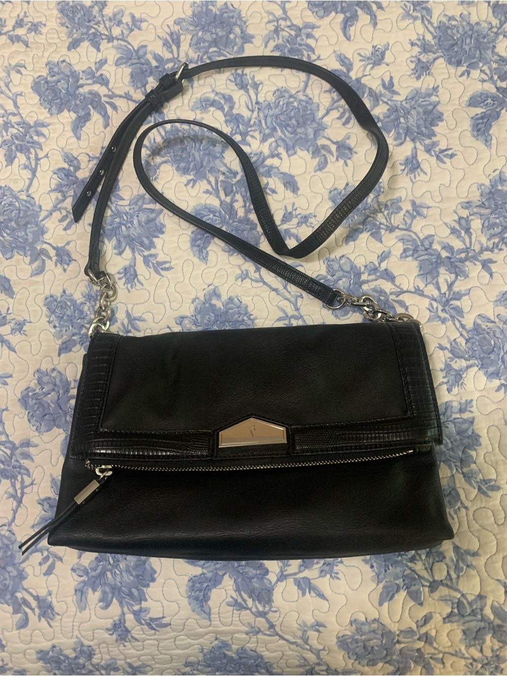 Vera Wang Black Leather Crossbody Bag with Silver Hardware